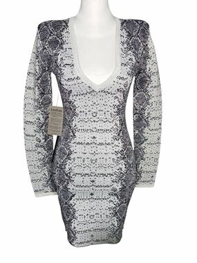 bebe Gray & White Snake-Print Long Sleeve V-Neck Bodycon Dress Size S